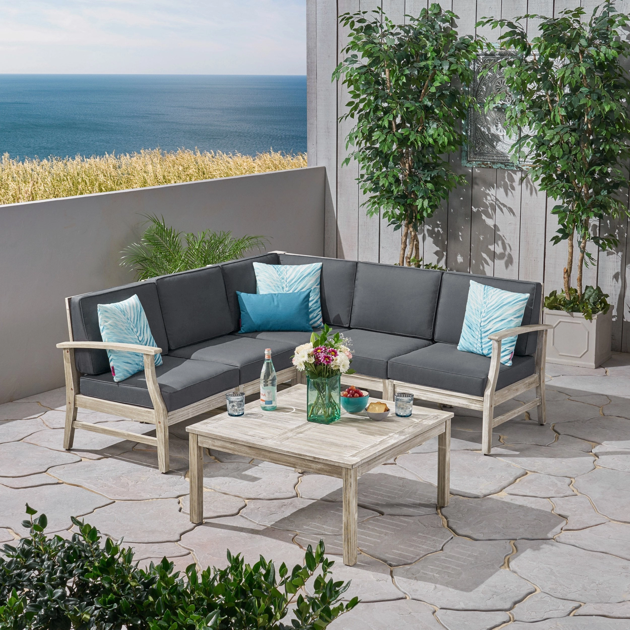 Outdoor 6 Piece Acacia Wood Sectional Sofa and Coffee Table Set - NH423803