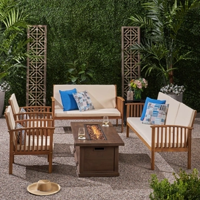 Outdoor 6 Piece Acacia Wood Sofa and Loveseat Conversational Set with Fire Pit - NH602803 cushion cover, soft furnishing