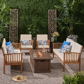 Outdoor 6 Piece Acacia Wood Sofa Conversational Set with Fire Pit - NH402803 cushion cover, soft furnishing