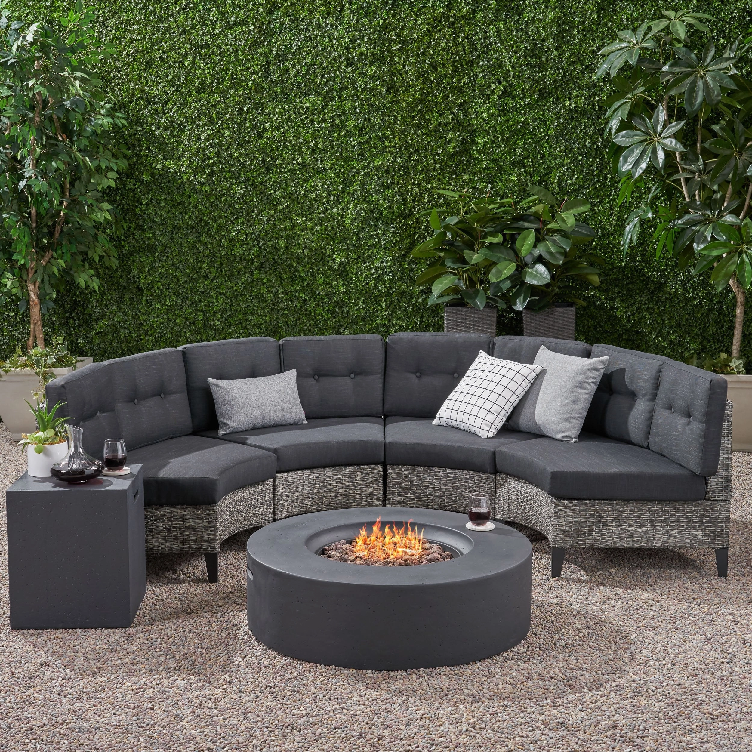 Outdoor 6 Piece Mixed Black Wicker Half Round Sofa Set with Dark Grey Fire Table - NH288992 serving bowl, serving dish
