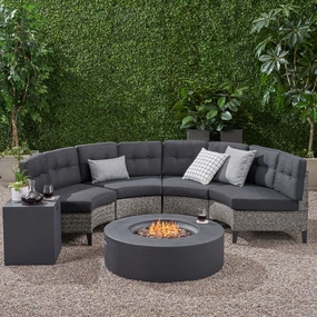 Outdoor 6 Piece Mixed Black Wicker Half Round Sofa Set with Dark Grey Fire Table - NH288992 serving bowl, serving dish