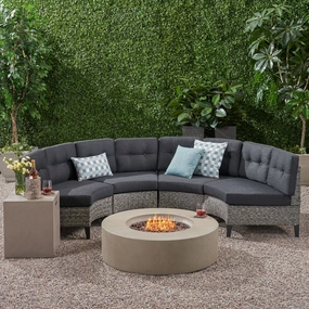 Outdoor 6 Piece Mixed Black Wicker Half Round Sofa Set with Light Grey Fire Table - NH388992 serving bowl, serving dish