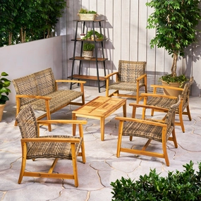 Outdoor 6 Piece Wood and Wicker Chat Set - NH571803 clothes rack, garment rack