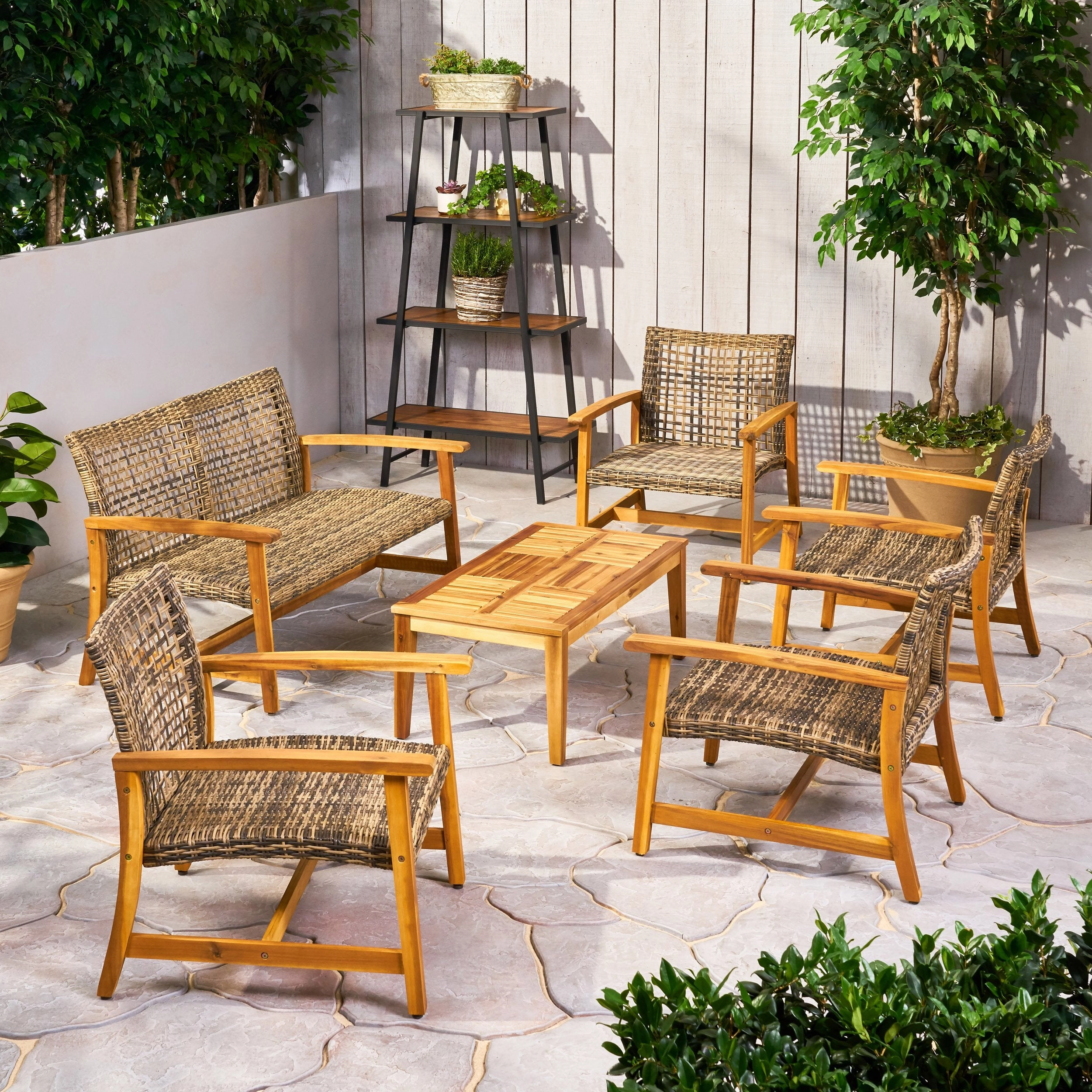 Outdoor 6 Piece Wood and Wicker Chat Set - NH571803 clothes rack, garment rack