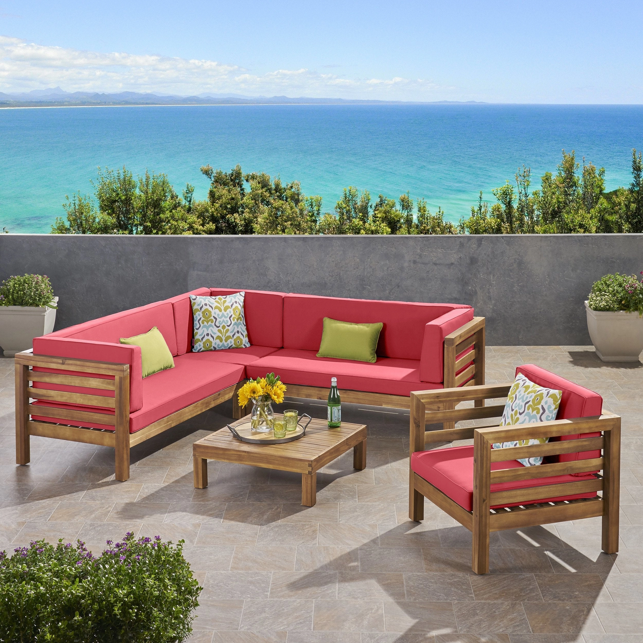 Outdoor 6 Seater Acacia Wood Sectional Sofa and Club Chair Set - NH474803
