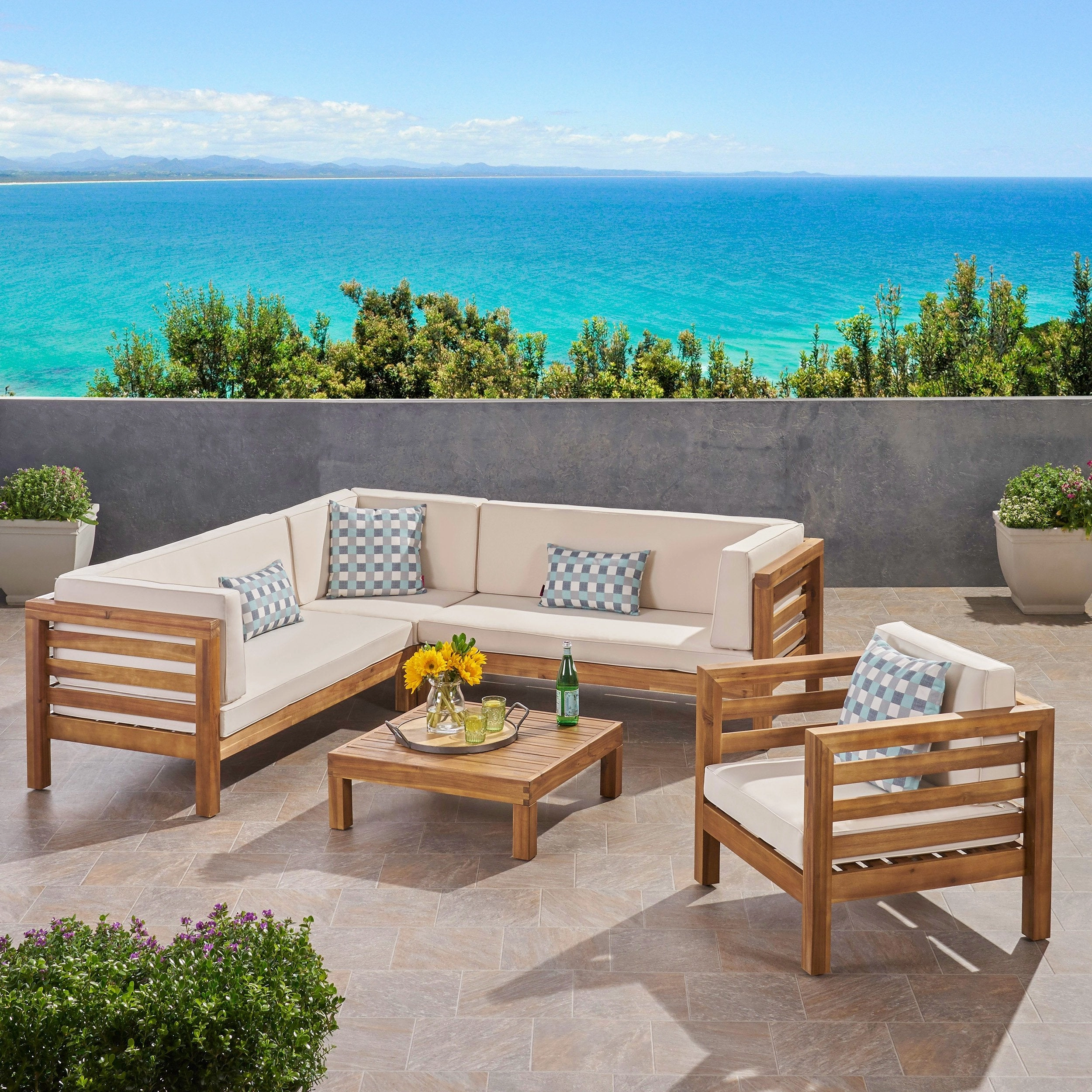 Outdoor 6 Seater Acacia Wood Sectional Sofa and Club Chair Set - NH474803