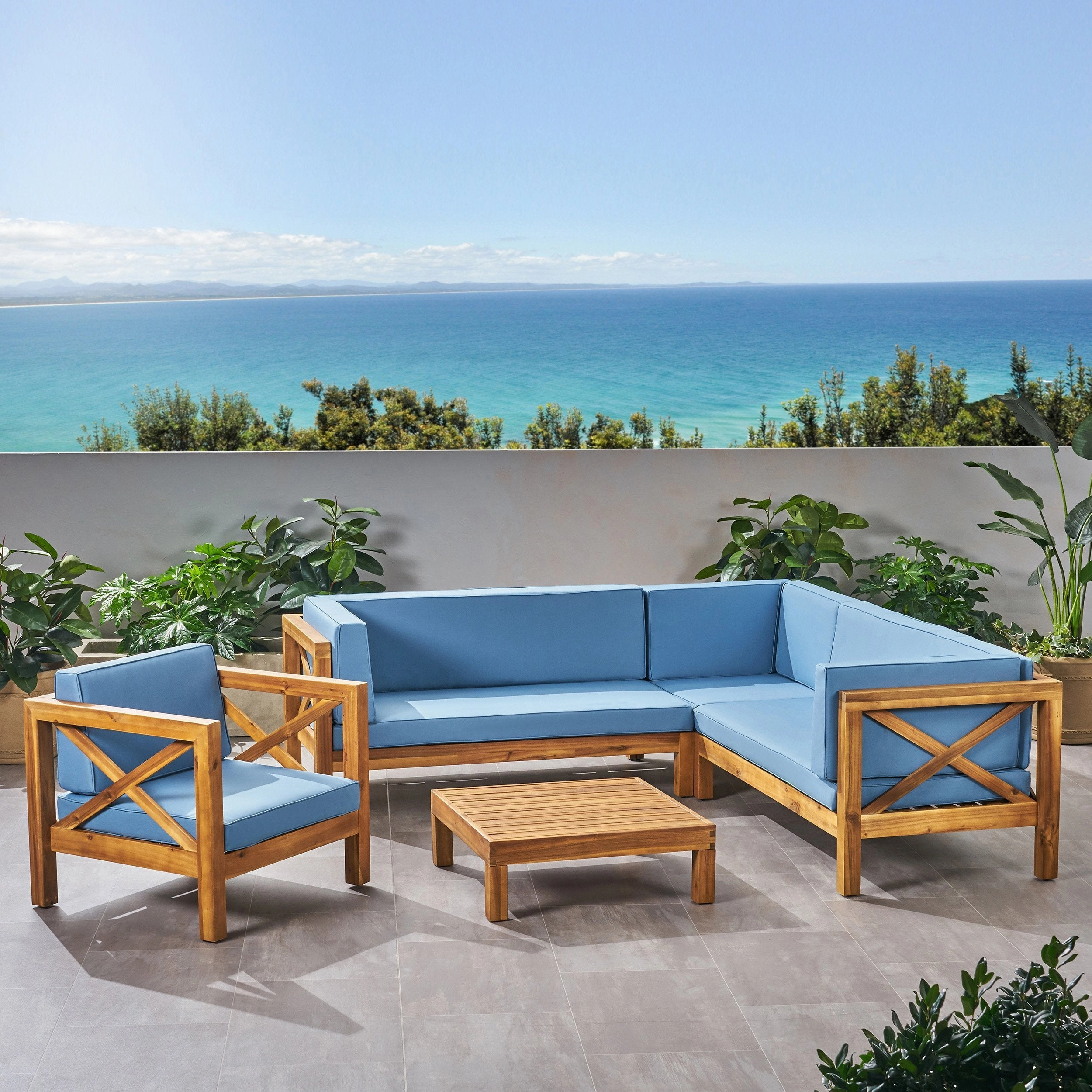 Outdoor 6 Seater Acacia Wood Sectional Sofa and Club Chair Set - NH524803