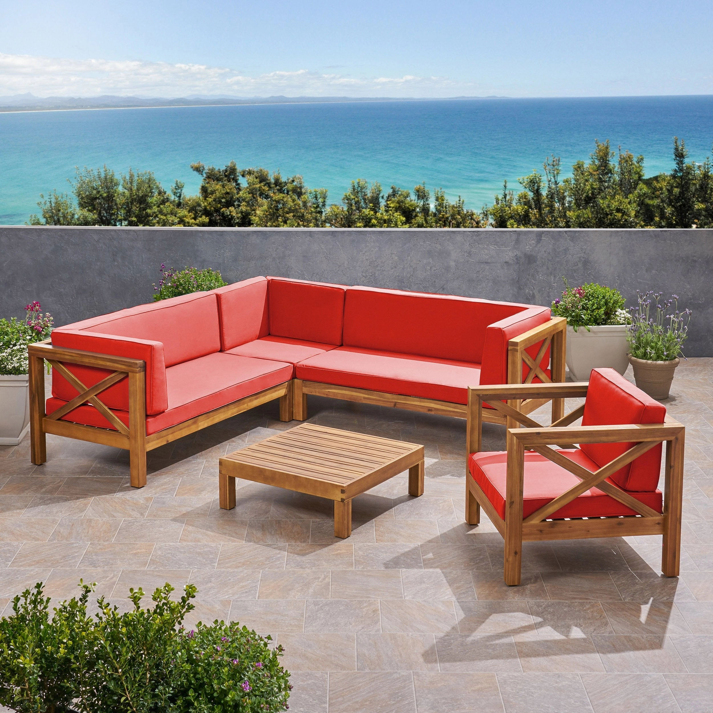Outdoor 6 Seater Acacia Wood Sectional Sofa and Club Chair Set - NH524803
