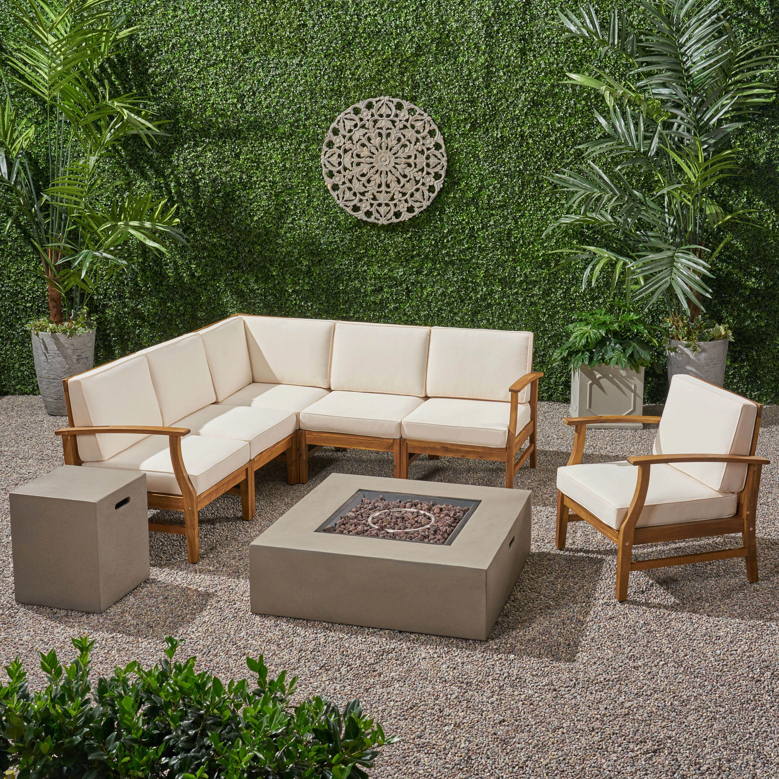 Outdoor 6 Seater Acacia Wood Sofa Set with Square Fire Table and Tank - NH106503 clothes rack, garment rack