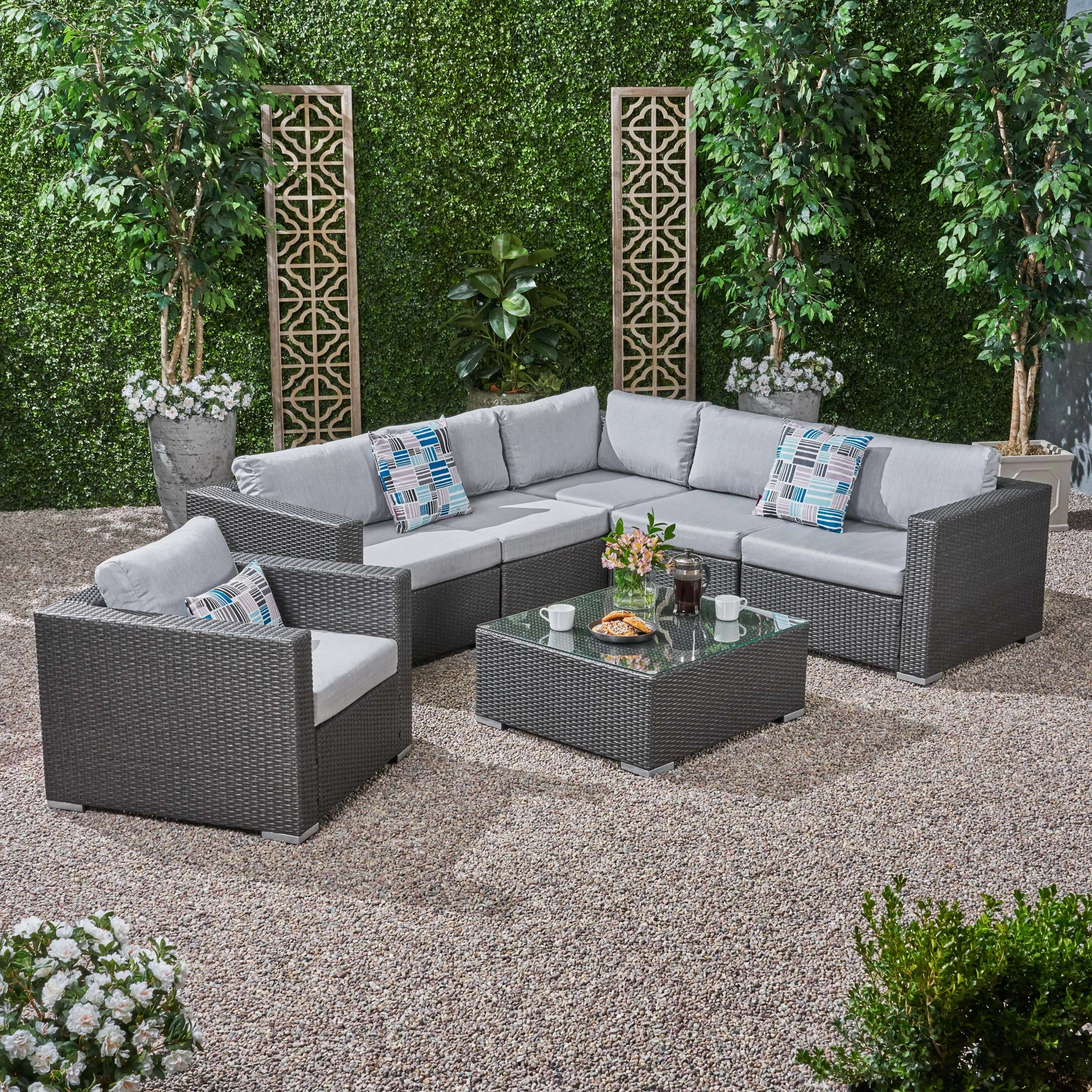 Outdoor 6 Seater Wicker Sectional Sofa Set with Sunbrella Cushions - NH115803