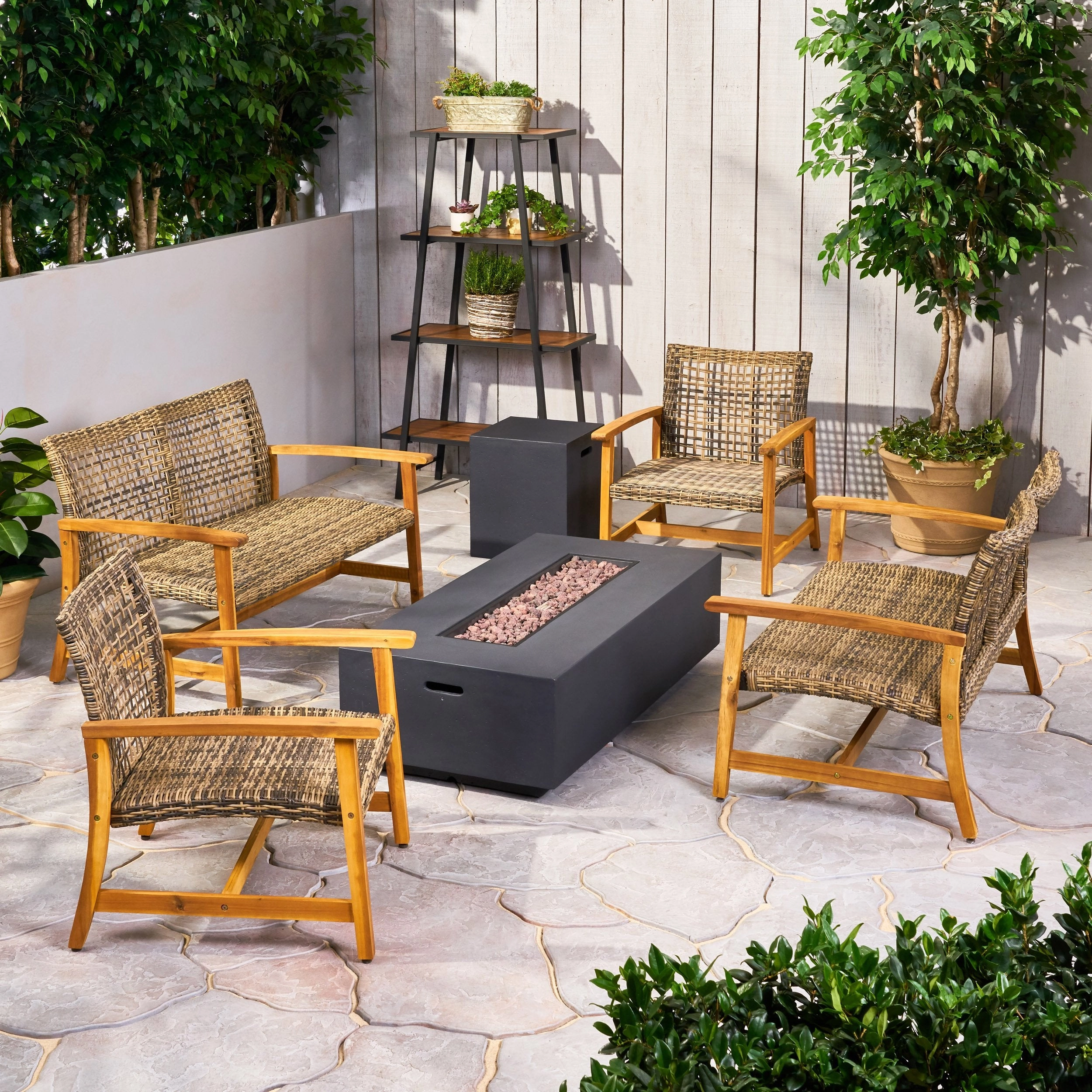 Outdoor 6 Seater Wood and Wicker Chat Set with Fire Pit - NH281803