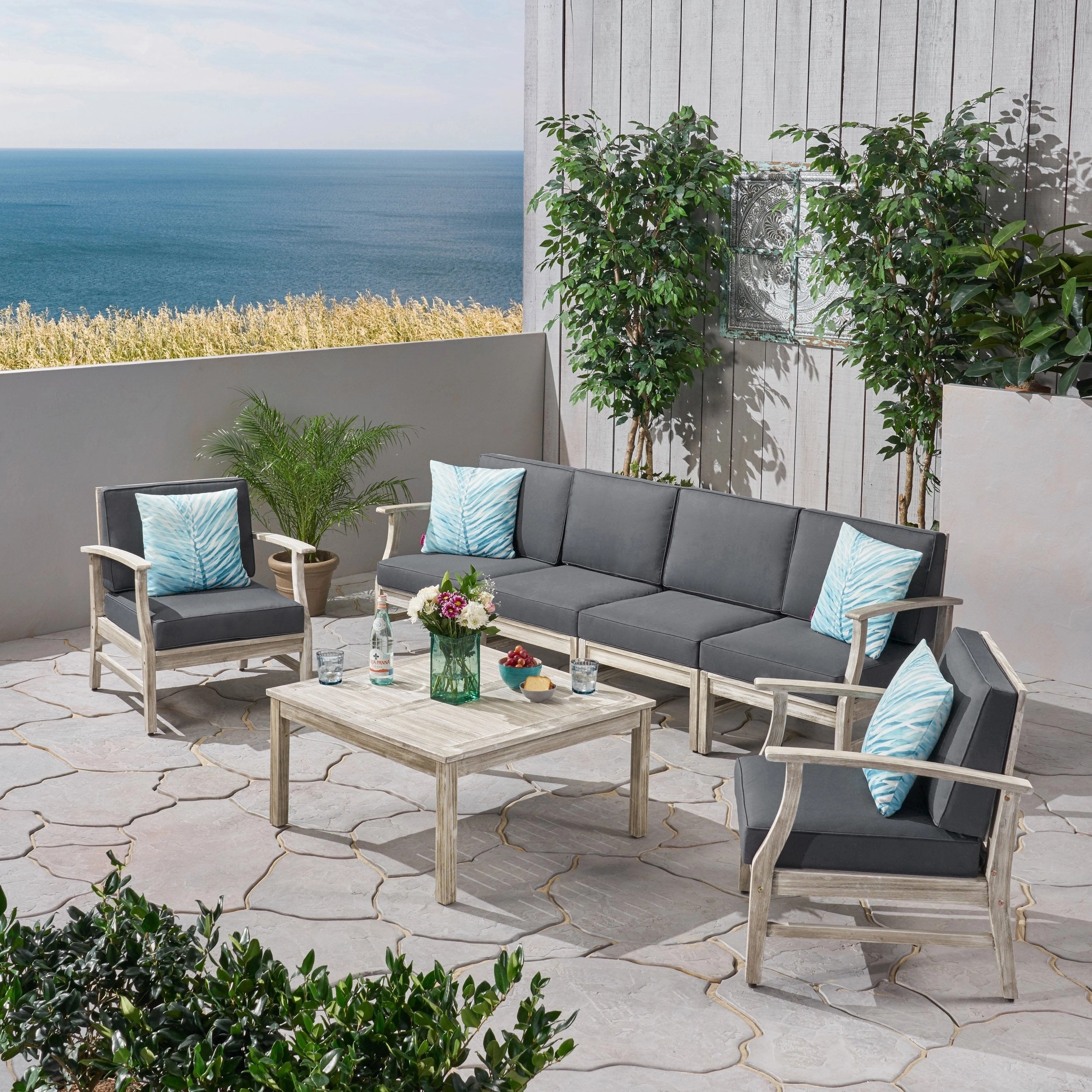 Outdoor 7 Piece Acacia Wood 4-Seater Sofa and Club Chairs Set - NH823803