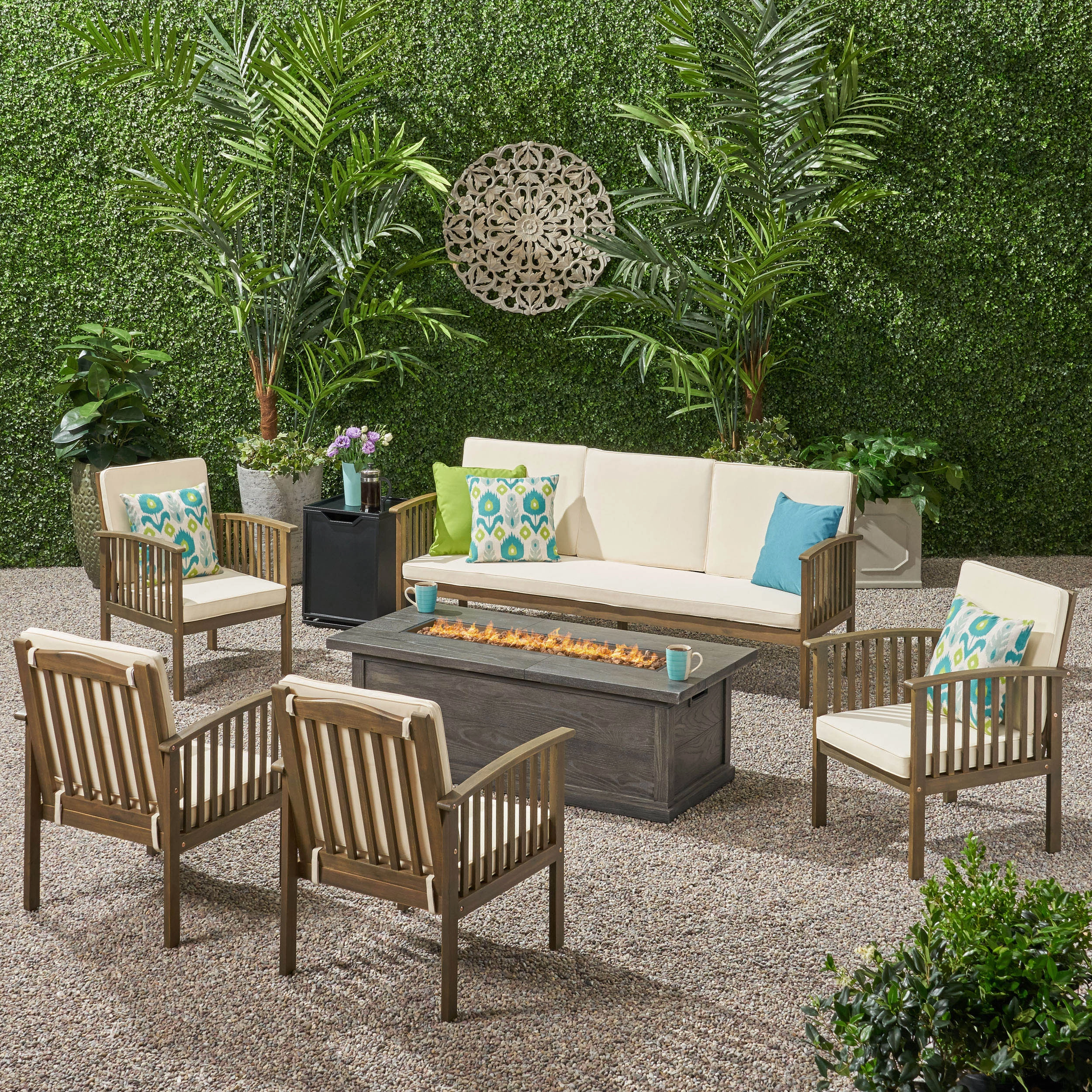 Outdoor 7 Piece Acacia Wood Chat Set with Fire Pit - NH002803