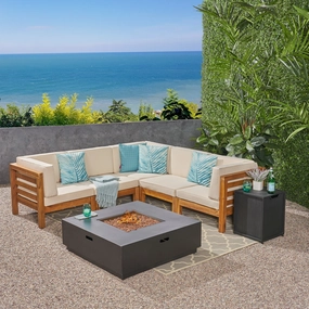 Outdoor 7 Piece V-Shaped Acacia Wood Sectional Sofa Set with Fire Pit and Outdoor Cushions - NH670703 serving bowl, serving dish
