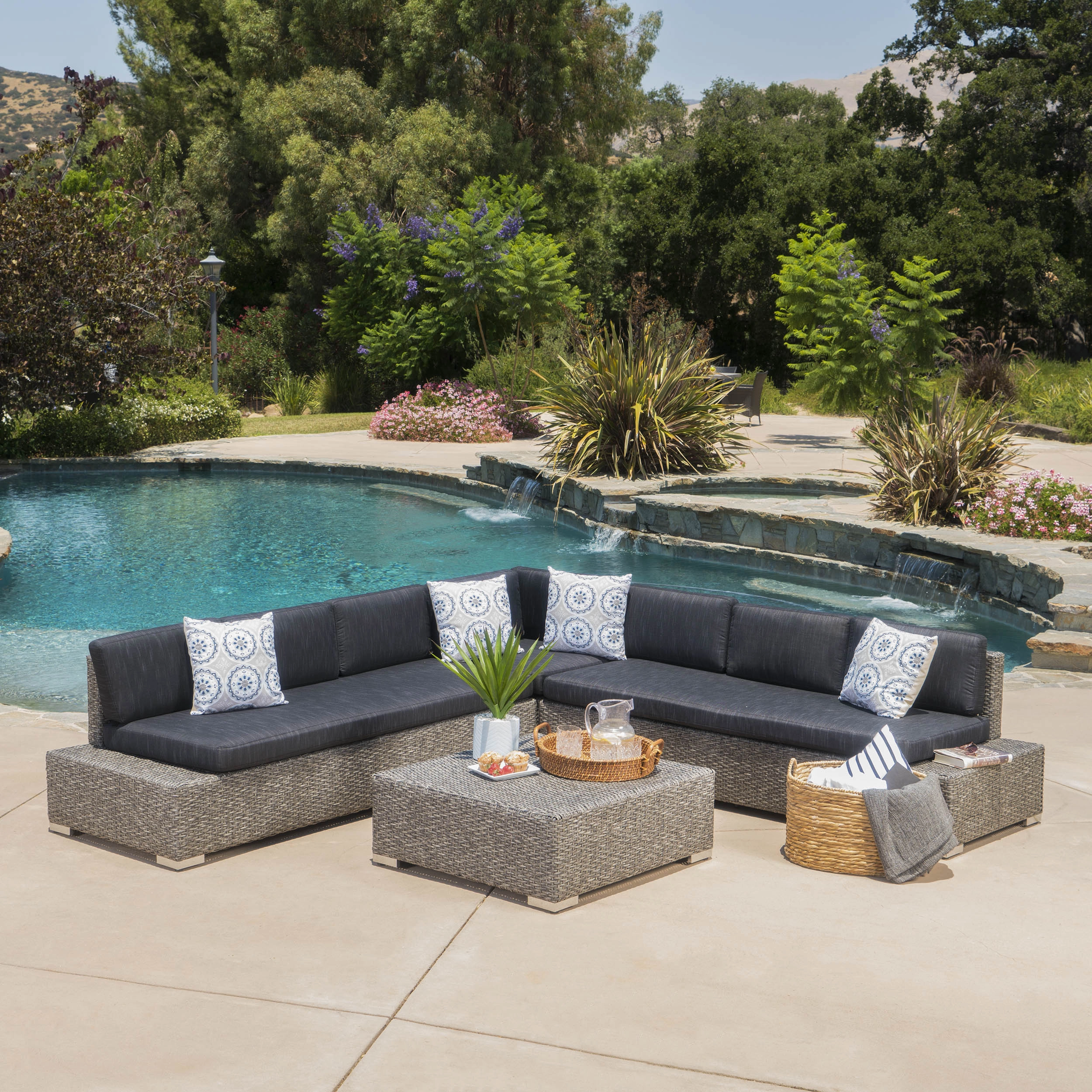 Outdoor 7 Seat Wicker V Shaped Sectional Sofa w/ Water Resistant Cushions - NH811103 serving bowl, serving dish