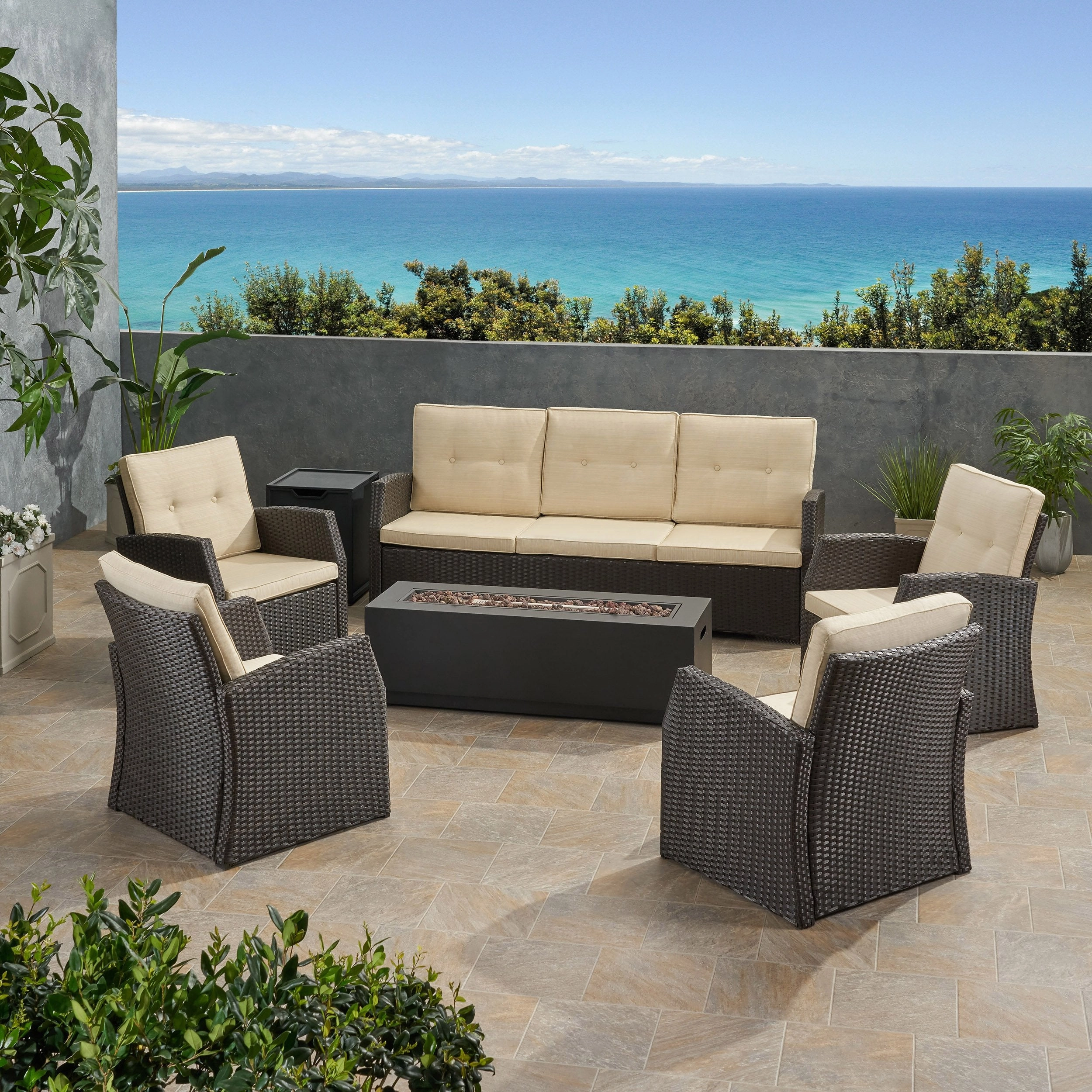 Outdoor 7 Seater Wicker Chat Set with An Iron Fire Pit - NH881503