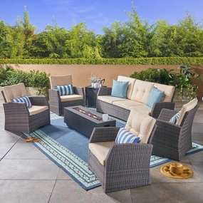 Outdoor 7 Seater Wicker Chat Set with an Iron Fire Pit, Gray and Dark Gray - NH781503 cushion cover, soft furnishing
