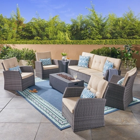Outdoor 7 Seater Wicker Chat Set with Light Weight Concrete Fire Pit, Gray and Dark Gray - NH312503 cushion cover, soft furnishing