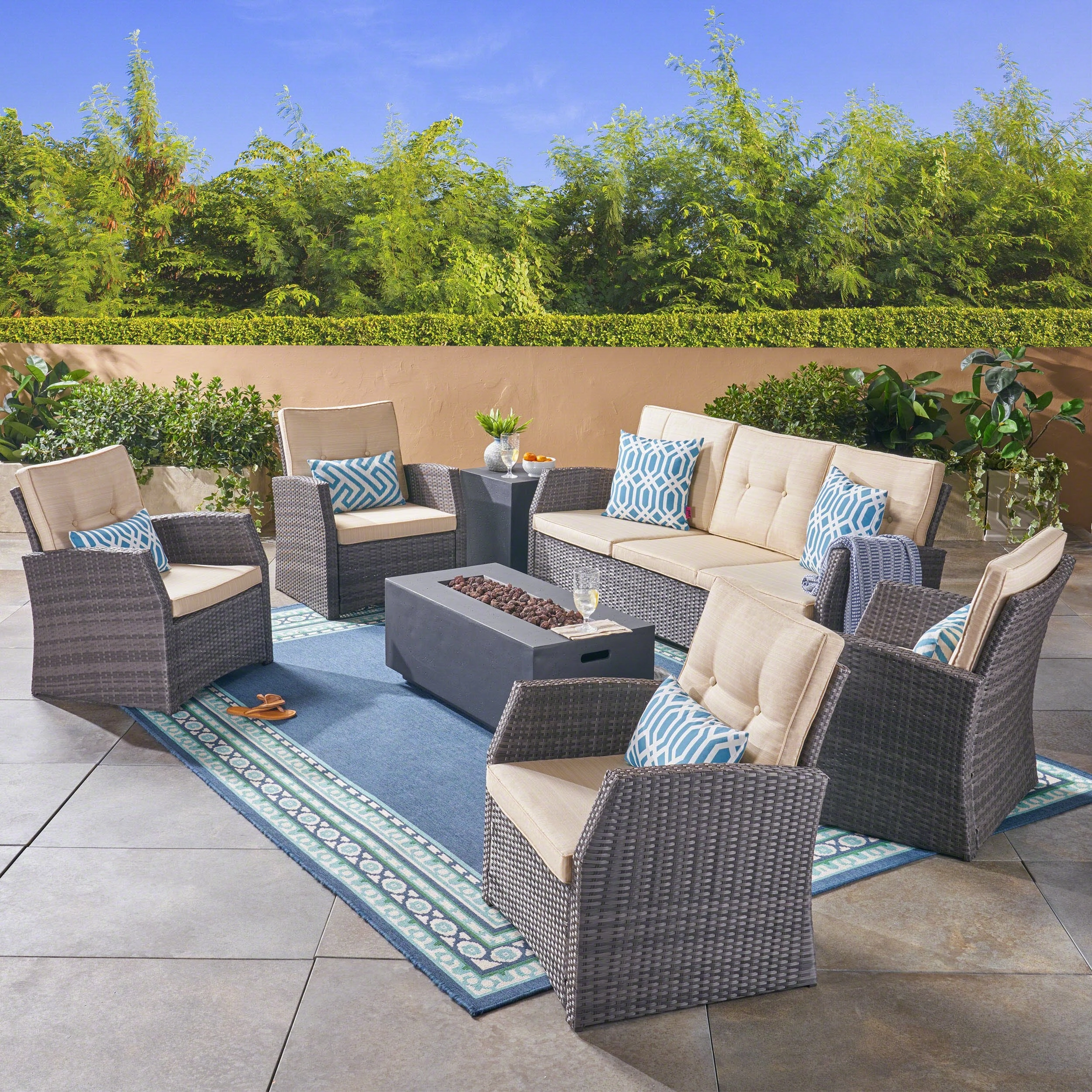 Outdoor 7 Seater Wicker Chat Set with Light Weight Concrete Fire Pit, Gray and Dark Gray - NH312503 cushion cover, soft furnishing