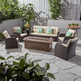 Outdoor 7 Seater Wicker Chat Set with Wood Finished Fire Pit - NH681503 clothes rack, garment rack