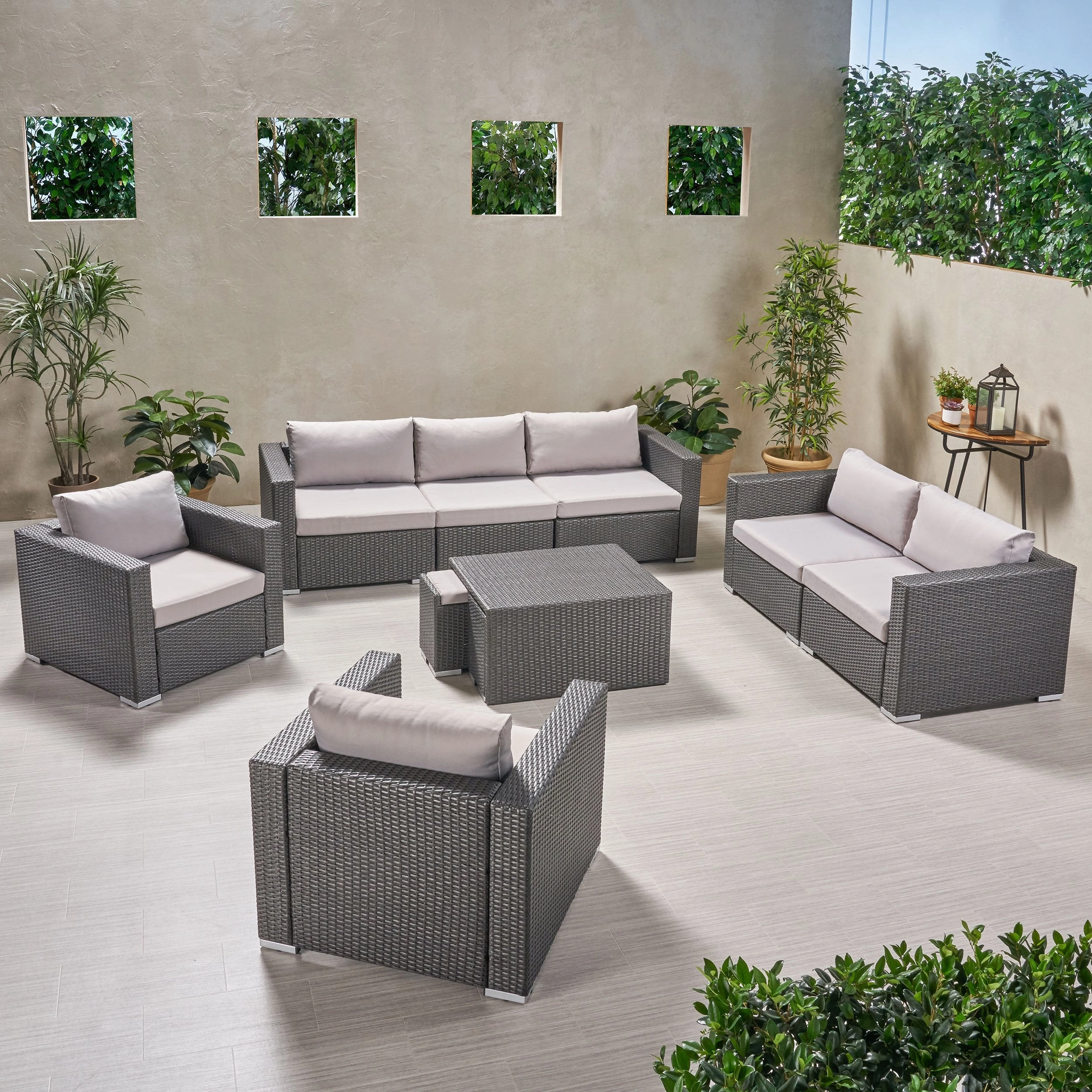 Outdoor 7 Seater Wicker Extended Sofa Chat Set with Ottomans - NH979903