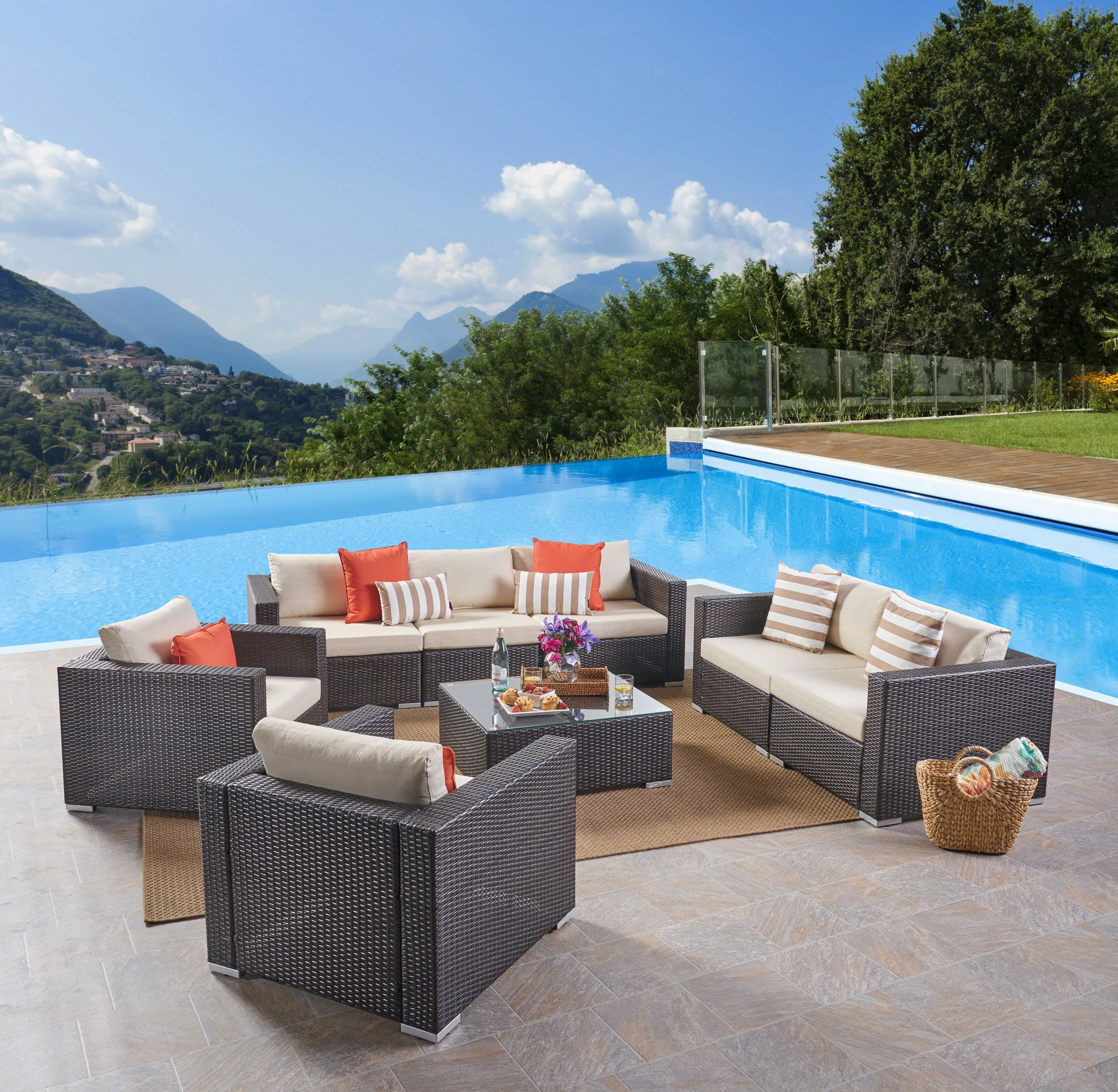 Outdoor 7 Seater Wicker Sofa Chat Set with Aluminum Frame and Cushions - NH333403