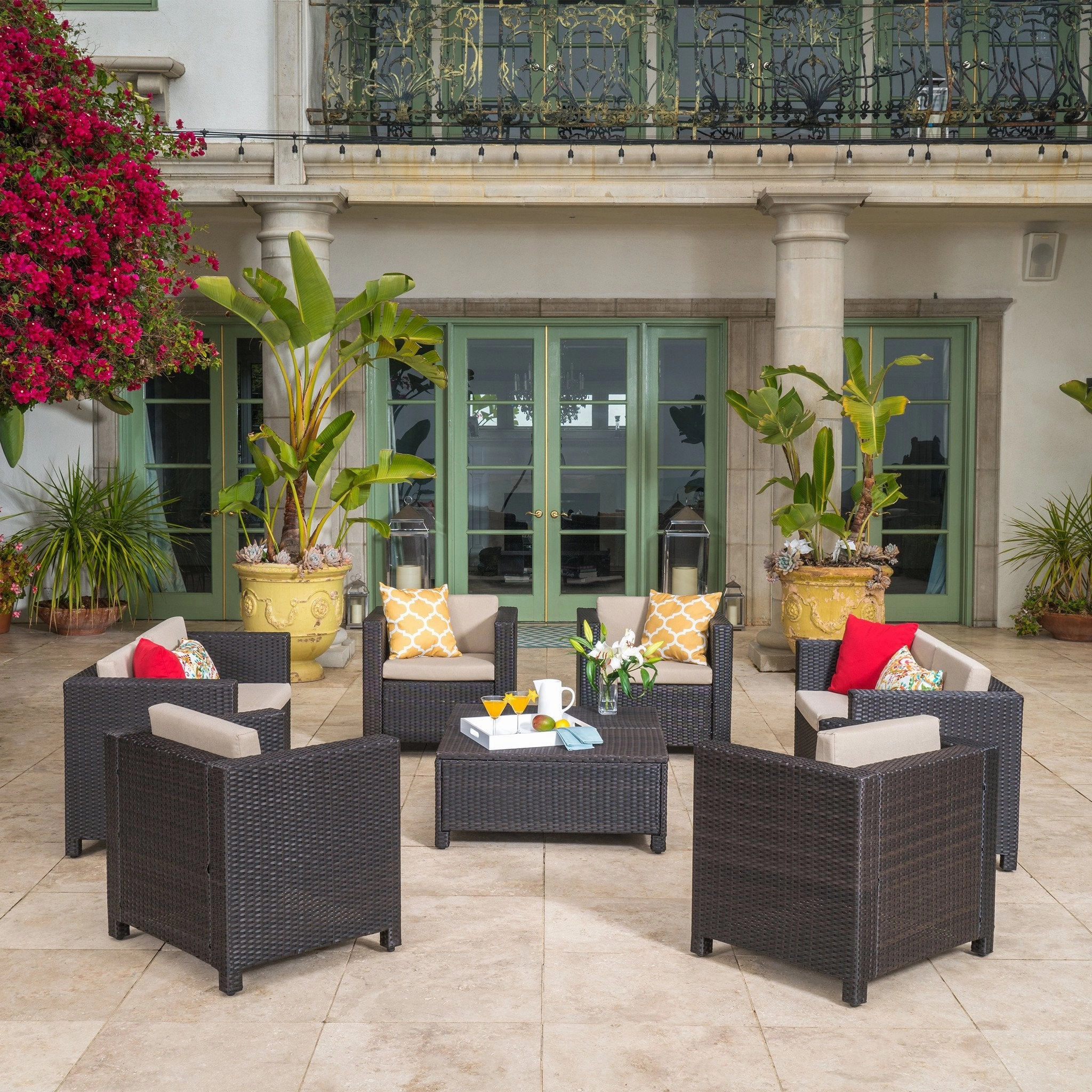 Outdoor 8 Pc Wicker Chat Set w/ Water Resistant Cushions - NH064003