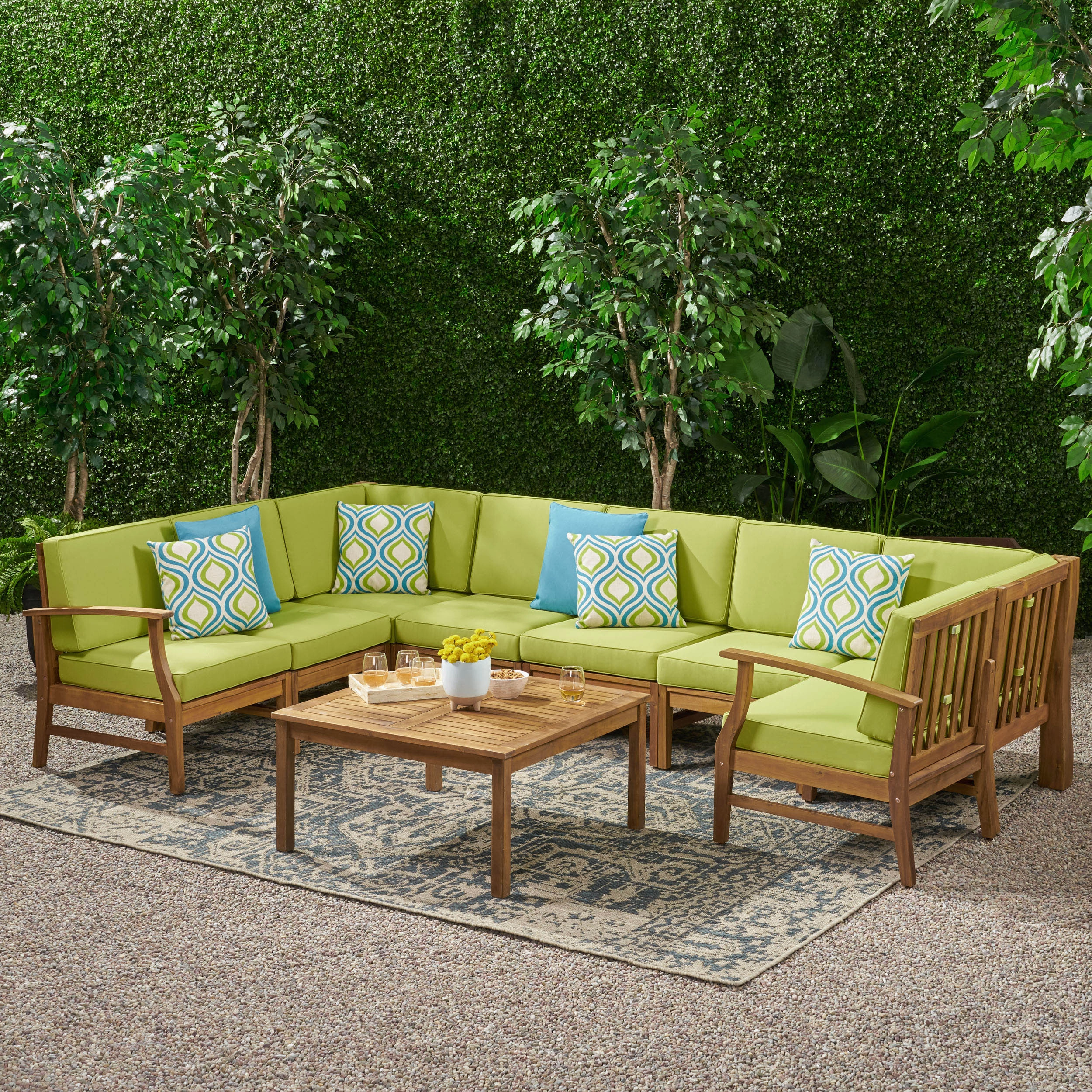 Outdoor 8 Seat Teak Finished Acacia Wood Sectional Sofa and Table Set - NH027303