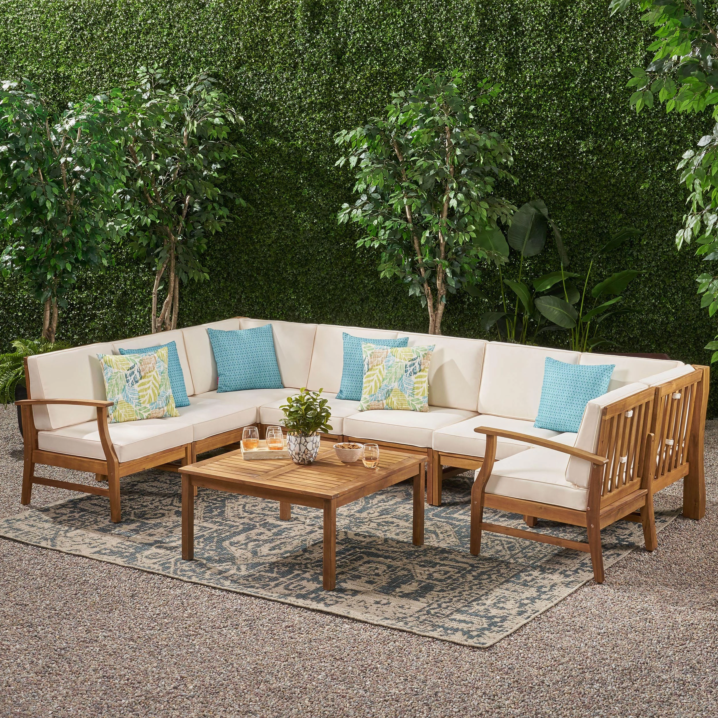 Outdoor 8 Seat Teak Finished Acacia Wood Sectional Sofa and Table Set - NH027303 serving bowl, serving dish