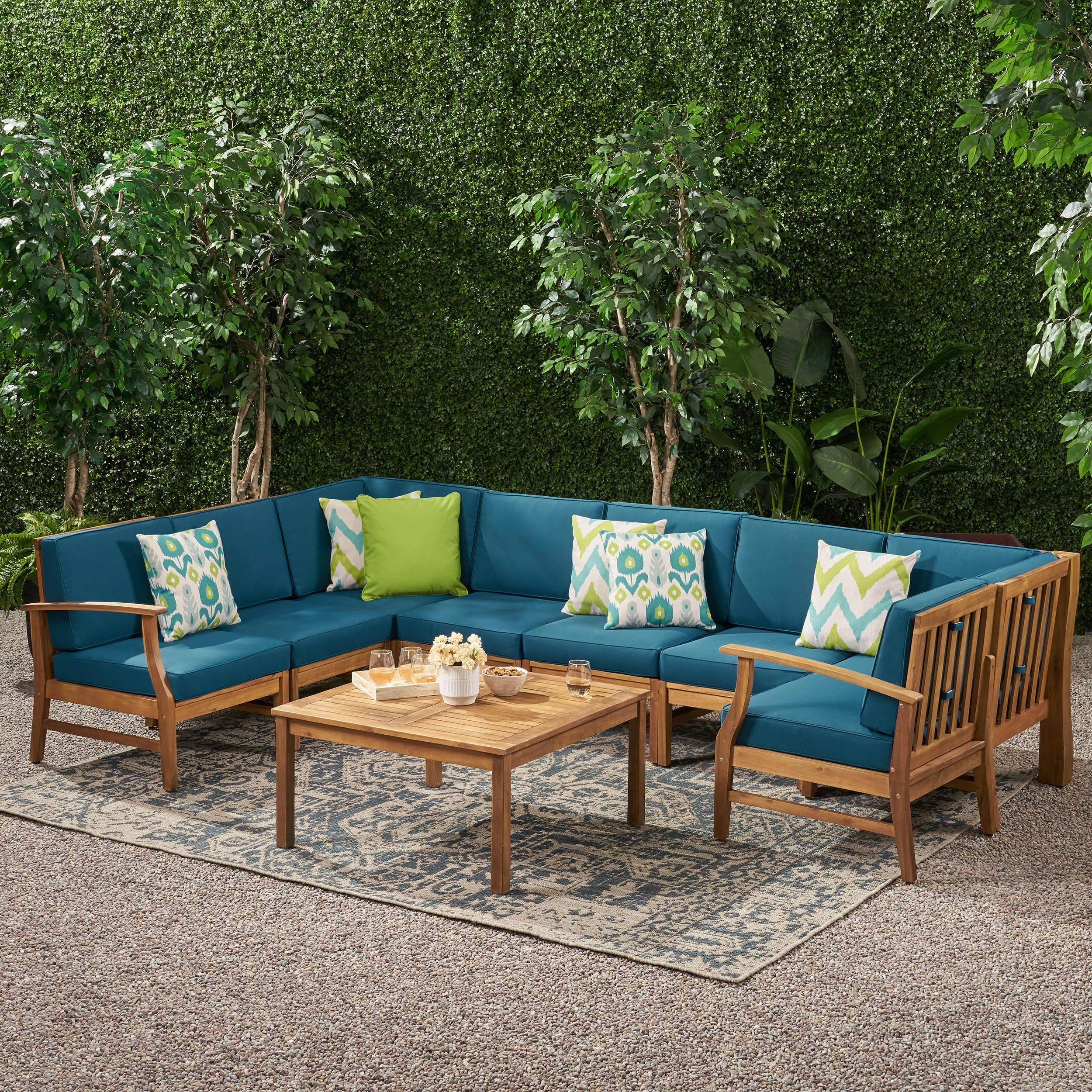 Outdoor 8 Seat Teak Finished Acacia Wood Sectional Sofa and Table Set - NH027303