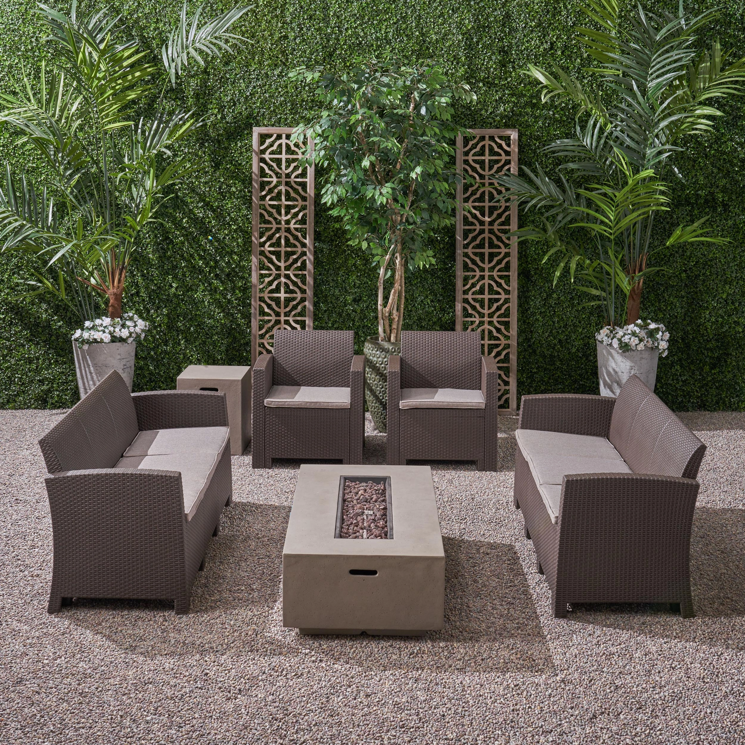 Outdoor 8-Seater Wicker Print Chat Set with Fire Pit and Tank Holder - NH713603