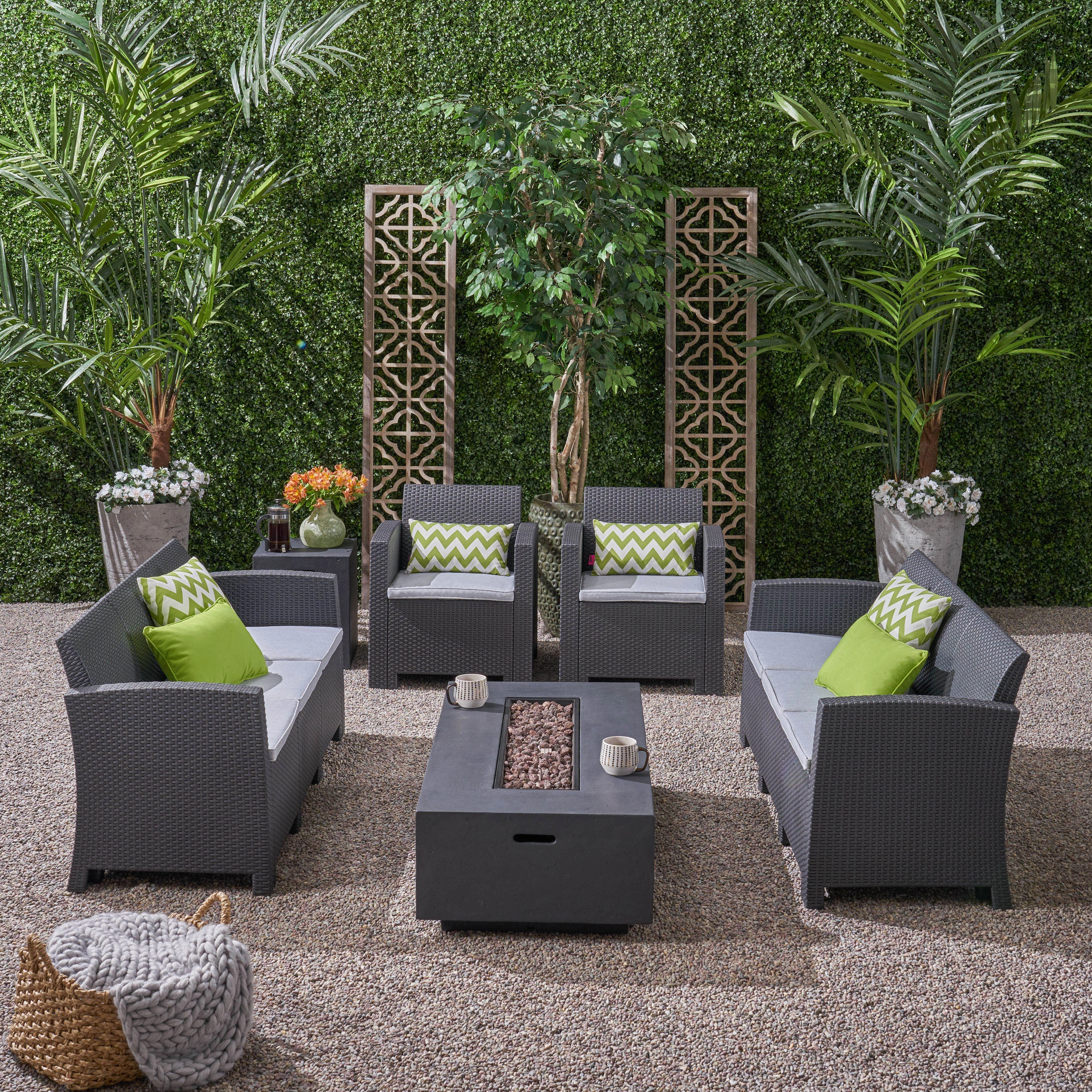Outdoor 8-Seater Wicker Print Chat Set with Fire Pit and Tank Holder - NH713603