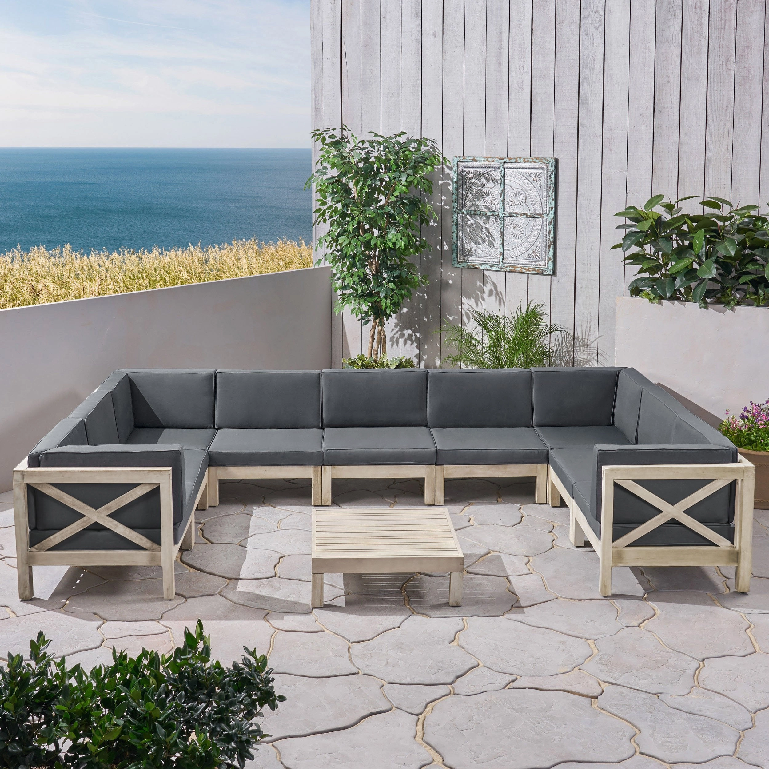Outdoor 9 Seater Acacia Wood Sectional Sofa Set, Weathered Finish and Dark Gray - NH844803 serving bowl, serving dish