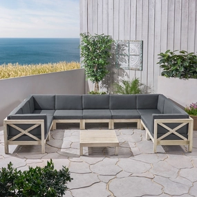 Outdoor 9 Seater Acacia Wood Sectional Sofa Set, Weathered Finish and Dark Gray - NH844803 serving bowl, serving dish