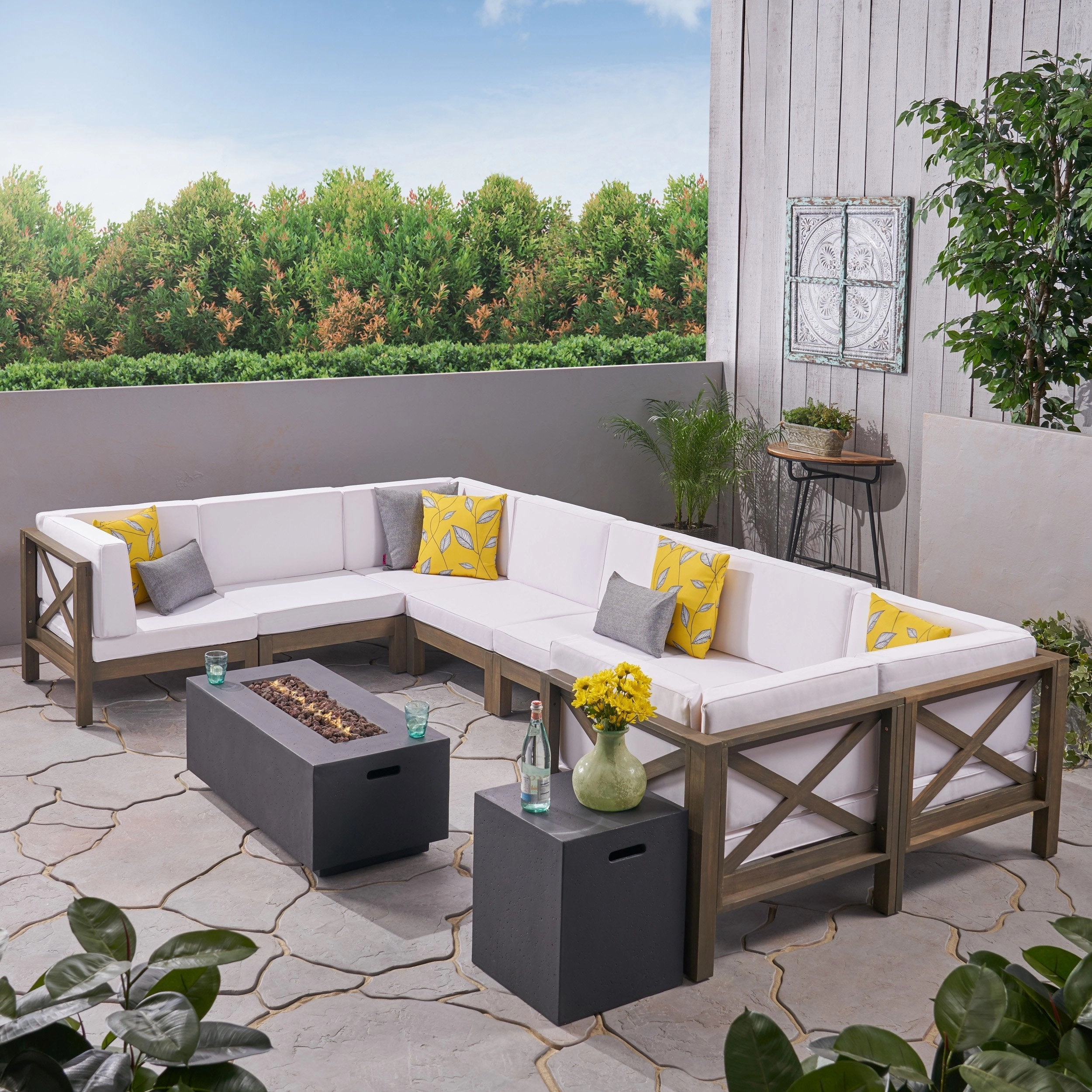 Outdoor Acacia Wood 10-Piece U-Shaped Sectional Sofa Set with Fire Pit - NH847603