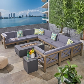 Outdoor Acacia Wood 10 Pieces U-Shaped Sectional Sofa Set with Fire Pit - NH277603 serving bowl, serving dish