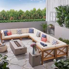 Outdoor Acacia Wood 10 Seater U-Shaped Sectional Sofa Set with Fire Pit - NH077603 serving bowl, serving dish