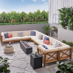 Outdoor Acacia Wood 10 Seater U-Shaped Sectional Sofa Set with Fire Pit - NH777603 serving bowl, serving dish