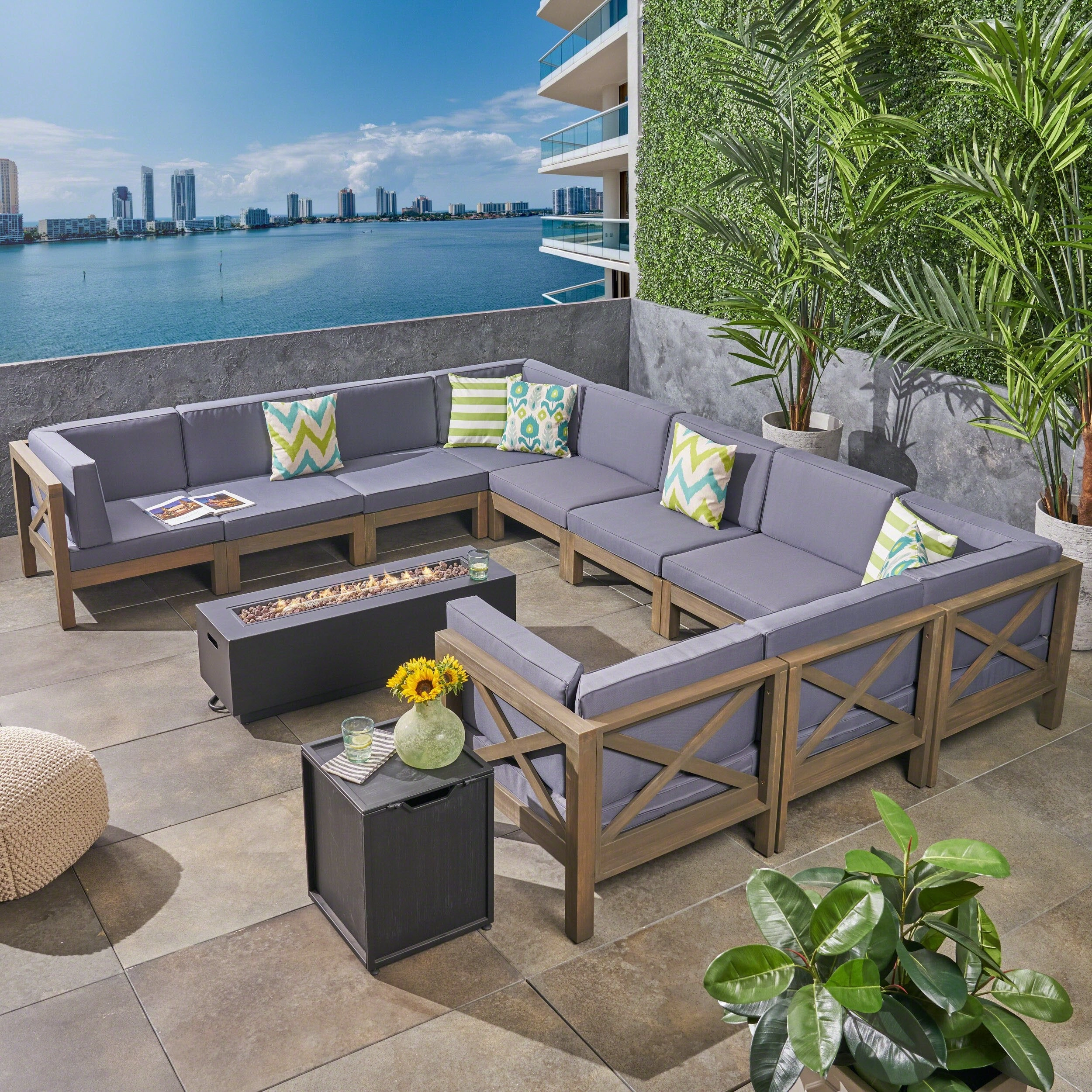 Outdoor Acacia Wood 10 Seater U-Shaped Sectional Sofa Set with Fire Pit - NH977603 serving bowl, serving dish