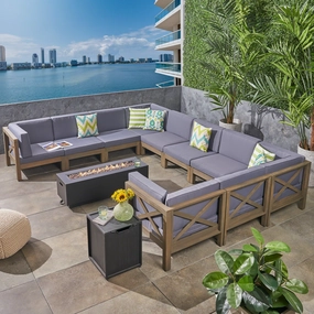 Outdoor Acacia Wood 10 Seater U-Shaped Sectional Sofa Set with Fire Pit - NH977603 serving bowl, serving dish