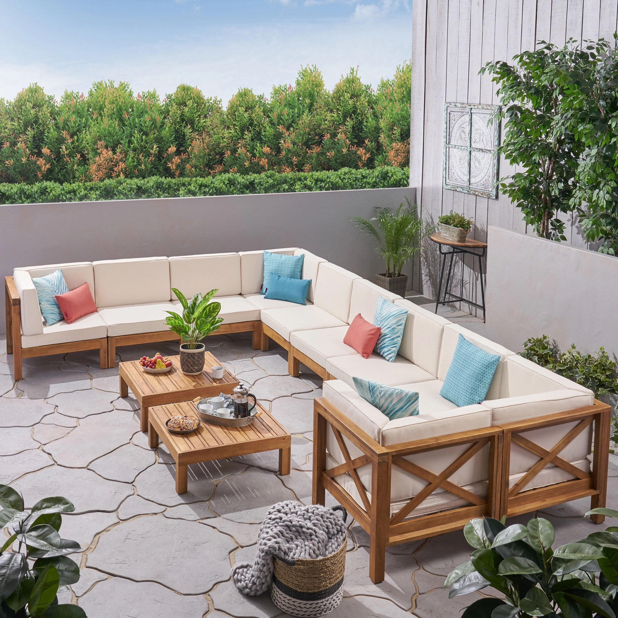 Outdoor Acacia Wood 10 Seater U-Shaped Sectional Sofa Set with Two Coffee Tables - NH267603 serving bowl, serving dish