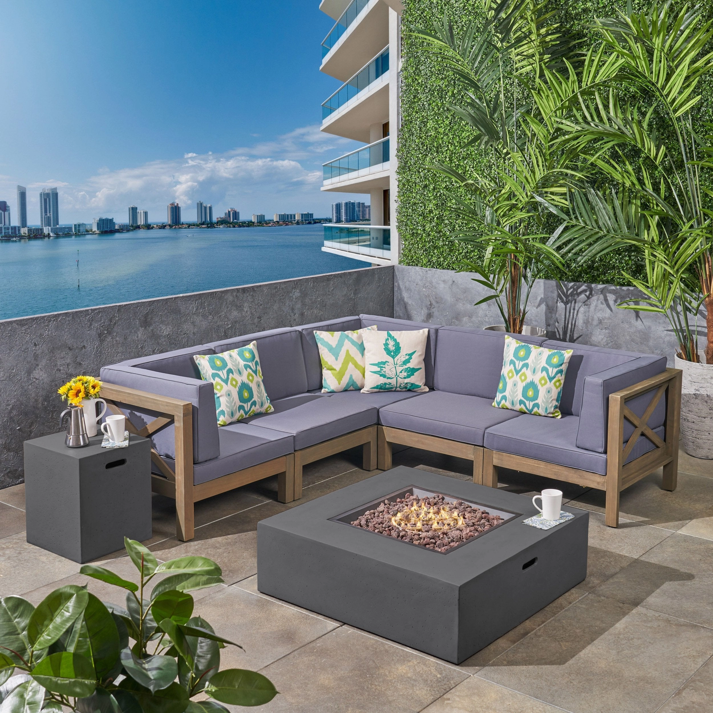 Outdoor Acacia Wood 5 Seater Sectional Sofa Set with Fire Pit - NH027603 serving bowl, serving dish