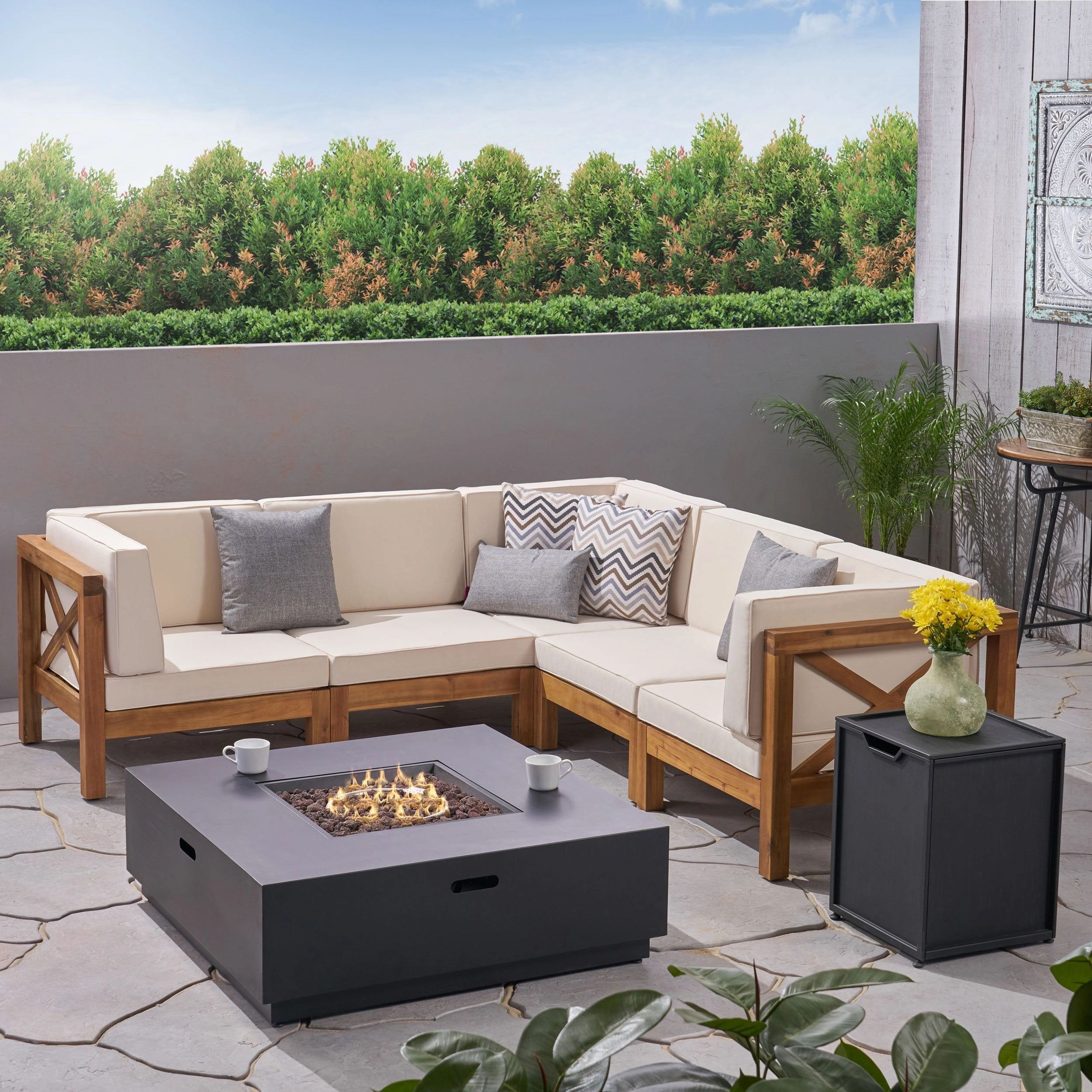 Outdoor Acacia Wood 5 Seater Sectional Sofa Set with Fire Pit - NH527603 serving bowl, serving dish