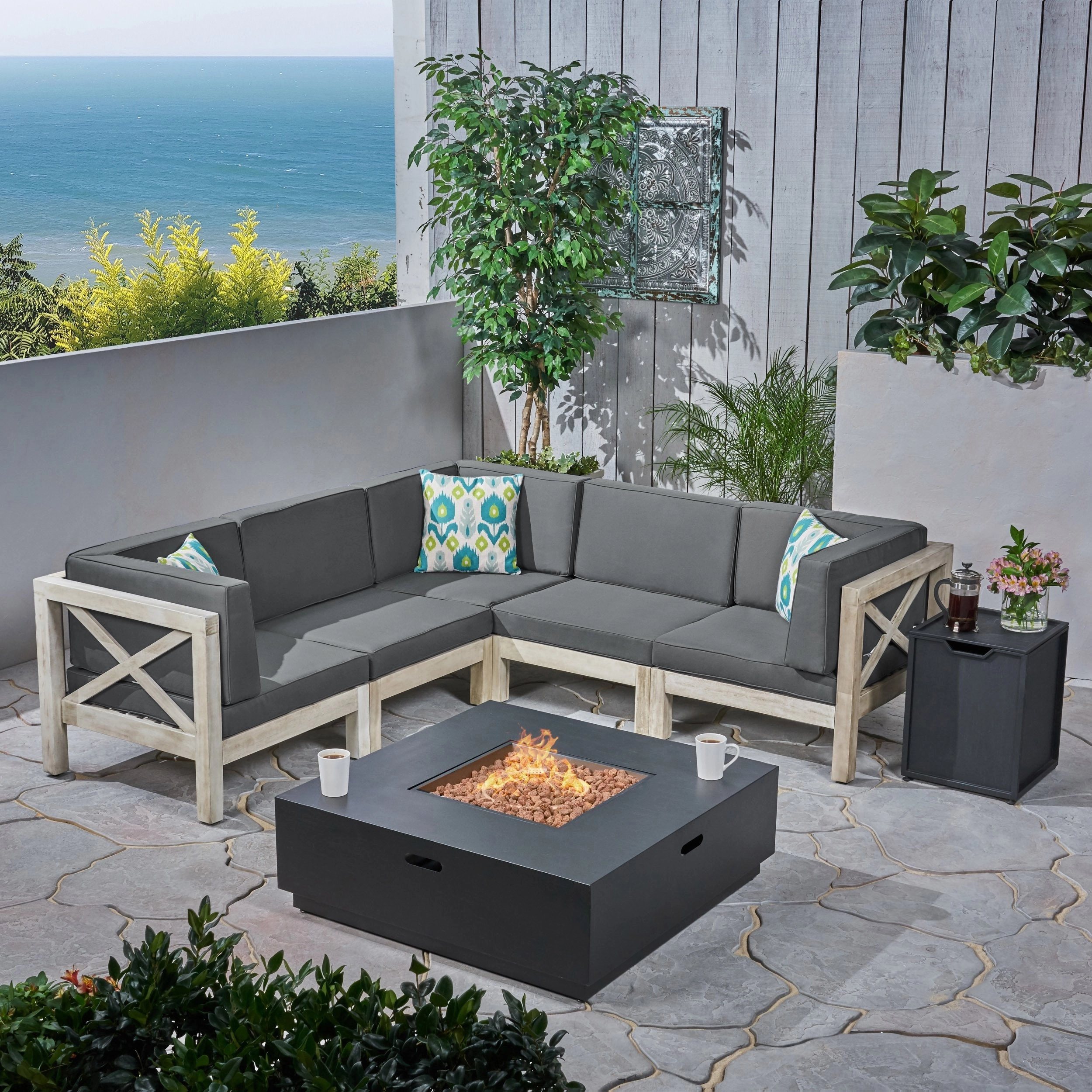 Outdoor Acacia Wood 5 Seater Sectional Sofa Set with Fire Pit - NH527603