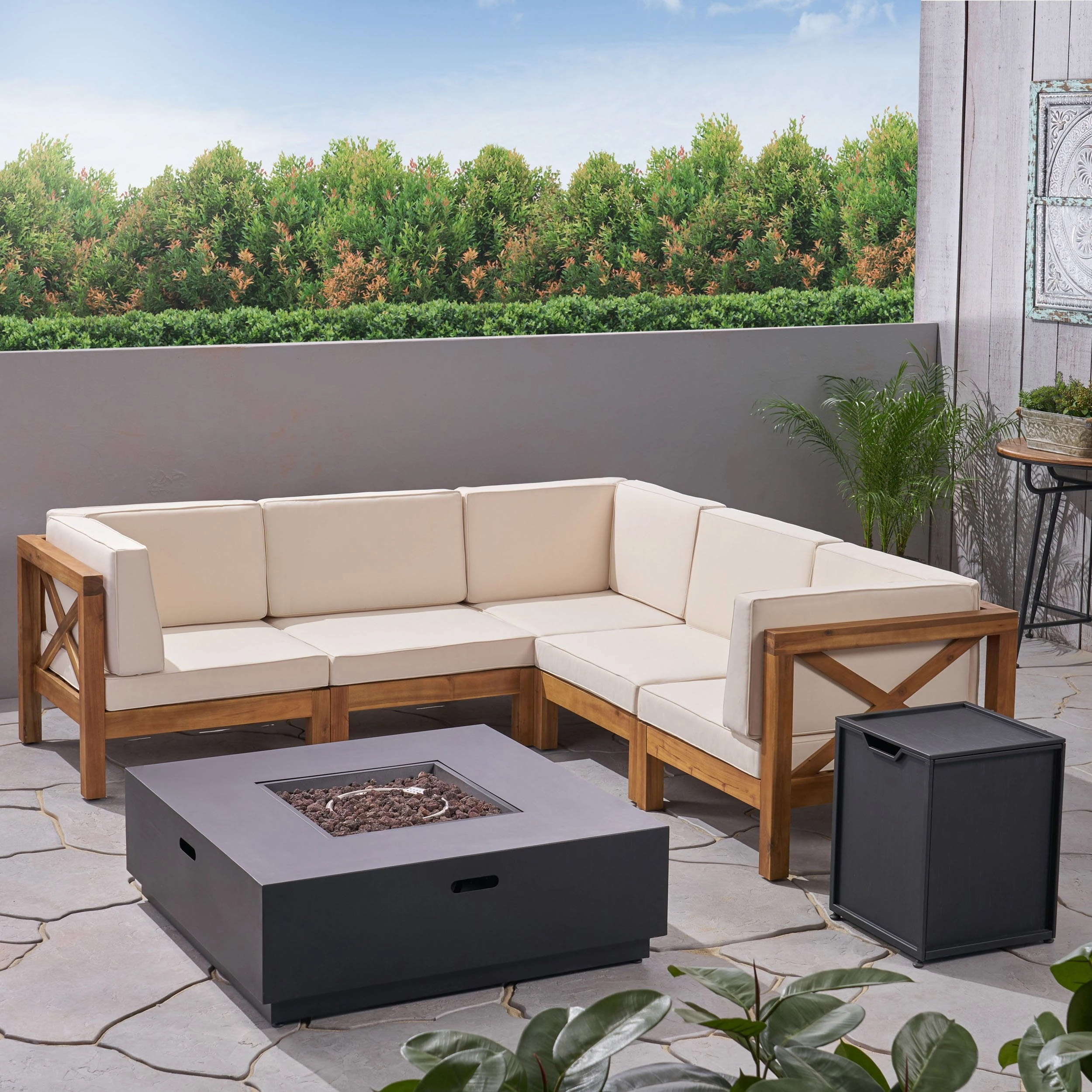 Outdoor Acacia Wood 5 Seater Sectional Sofa Set with Fire Pit - NH527603