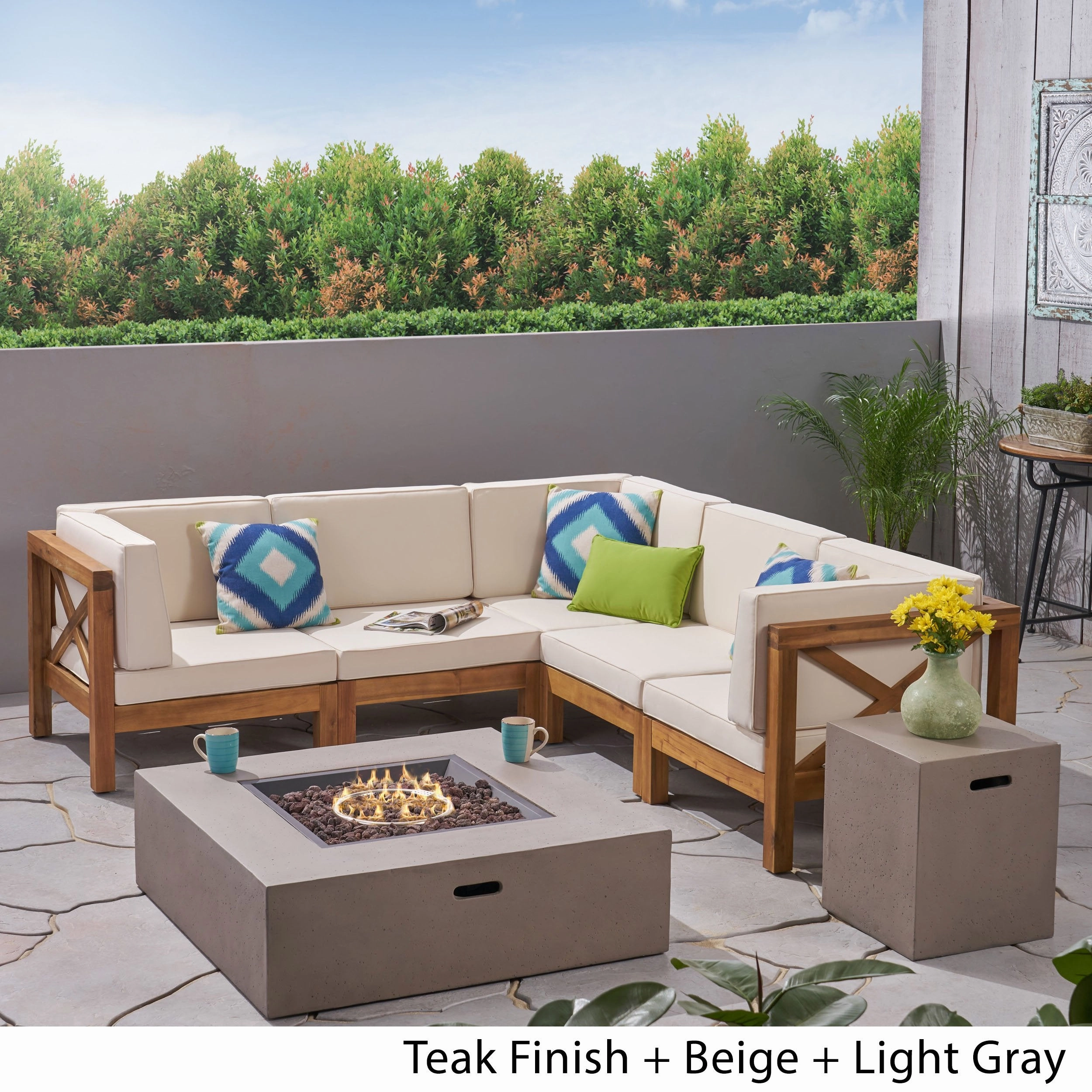 Outdoor Acacia Wood 5 Seater Sectional Sofa Set with Fire Pit - NH817603