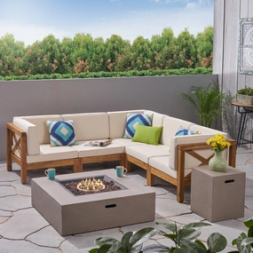 Outdoor Acacia Wood 5 Seater Sectional Sofa Set with Fire Pit - NH817603 serving bowl, serving dish