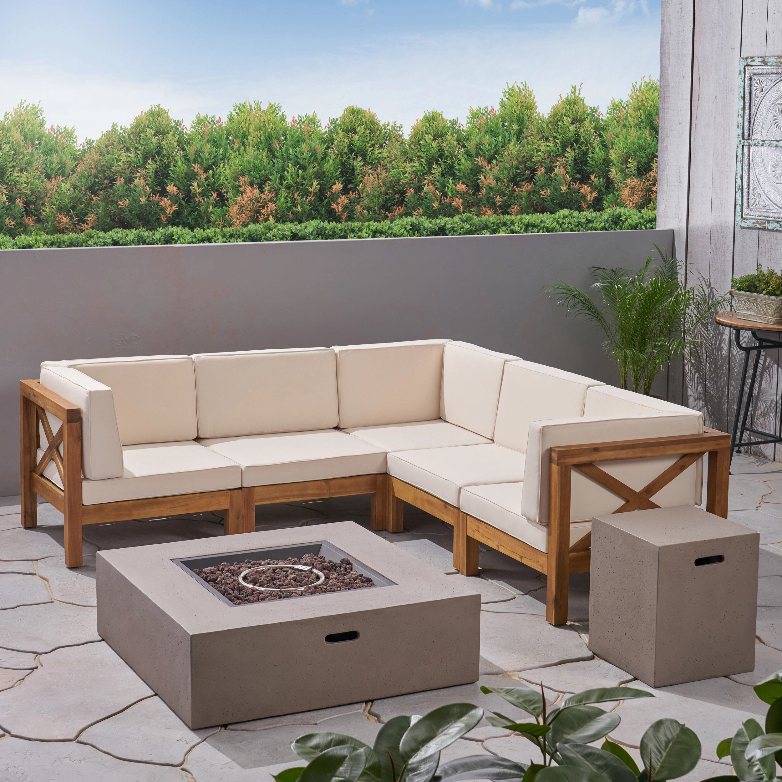 Outdoor Acacia Wood 5 Seater Sectional Sofa Set with Fire Pit - NH817603