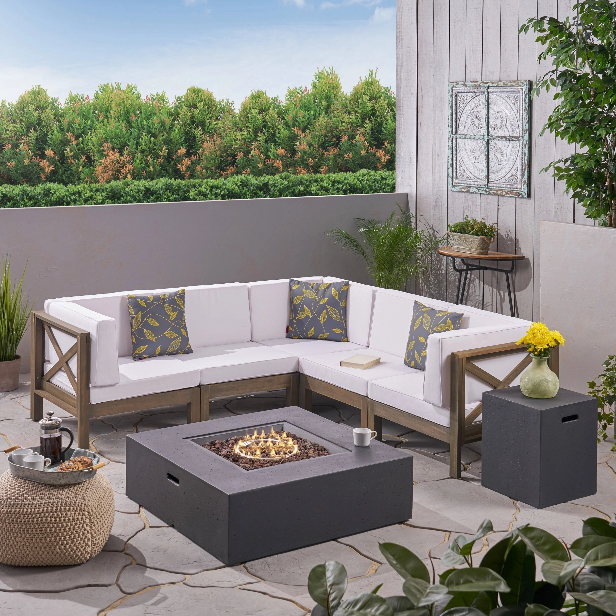 Outdoor Acacia Wood 5 Seater Sectional Sofa Set with Fire Pit - NH817603