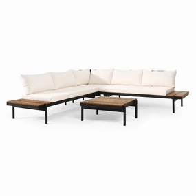 Outdoor Acacia Wood 5 Seater Sectional Sofa Set with Water Resistant Cushions, Teak, Black, and Cream - NH267413 cushion cover, soft furnishing